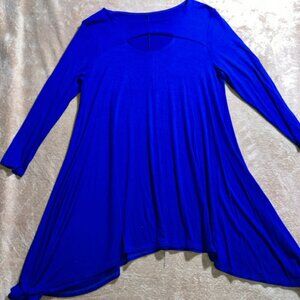 Royal Blue Women Small Keyhole Cutout High-Low Sides Stretchy Tunic Blouse (M)